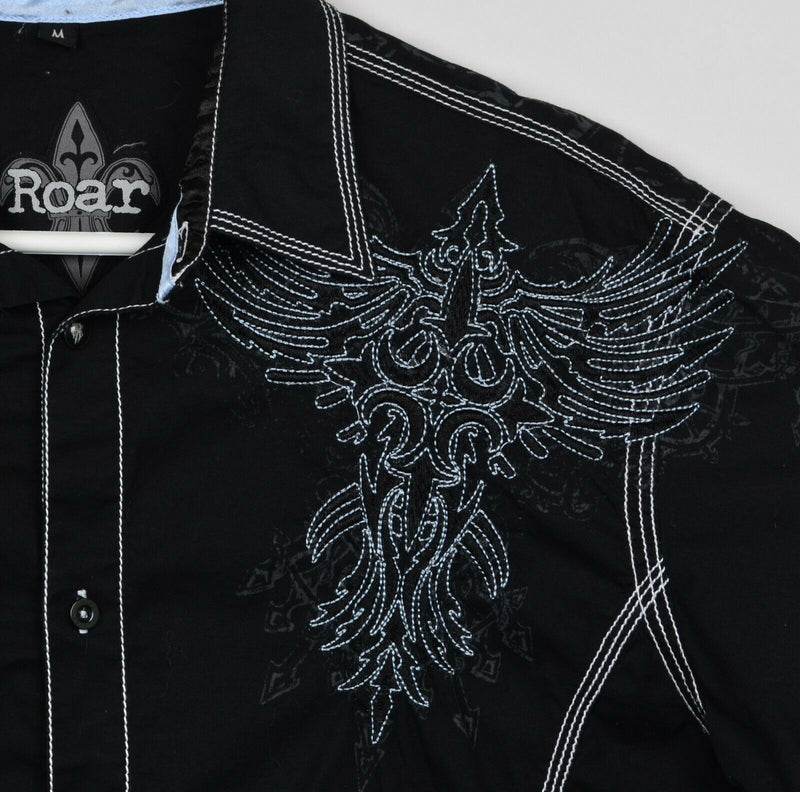 Roar Men's Medium Tribal Black Embroidered Cross Button-Front Prime Shirt