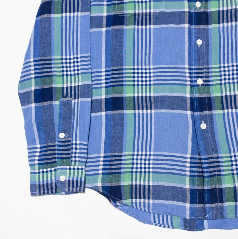 Polo Ralph Lauren Linen Shirt XXL Men's Blue Green Plaid Long Sleeve Button 2XL