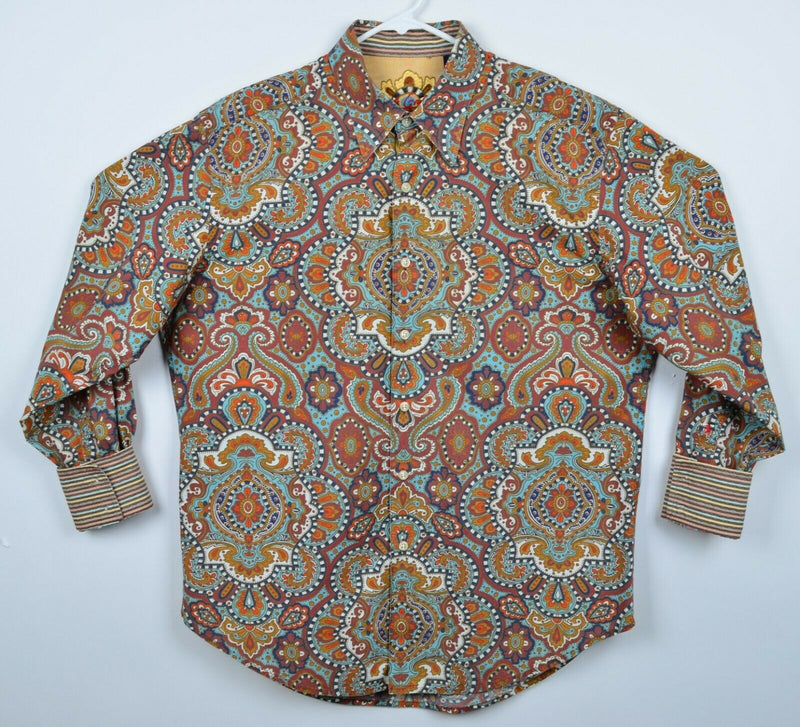 Robert Graham Men's Large Flip Cuff Paisley Multi-Color Aqua Red Designer Shirt