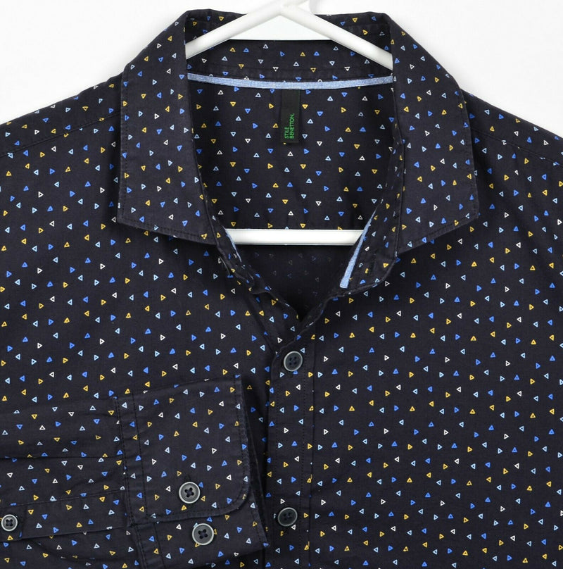 Benetton Men's Medium Triangle Pattern Geometric Navy Blue Button-Front Shirt