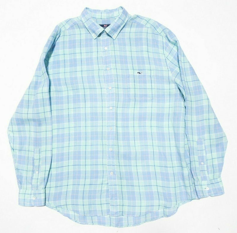 Vineyard Vines Men's Linen Tucker Shirt Green Blue Plaid Preppy Whale Men's 2XL