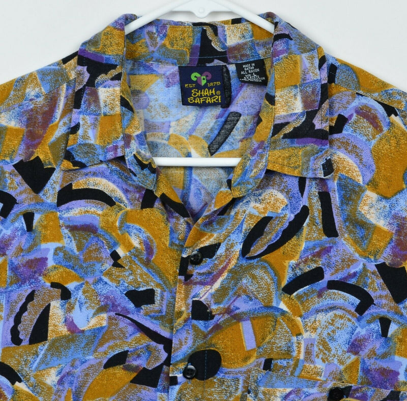Vtg 90s Shah Safari Men's Sz Large 100% Rayon Abstract Geometric Hawaiian Shirt