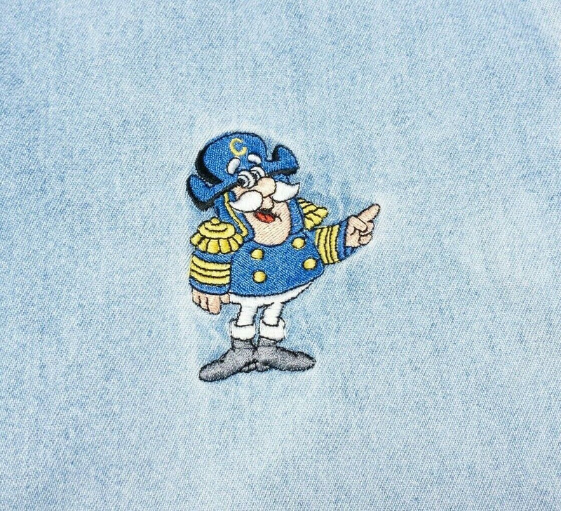 Captain Crunch Denim Shirt Vintage 90s Men's Large Ashen Gold Blue Long Sleeve