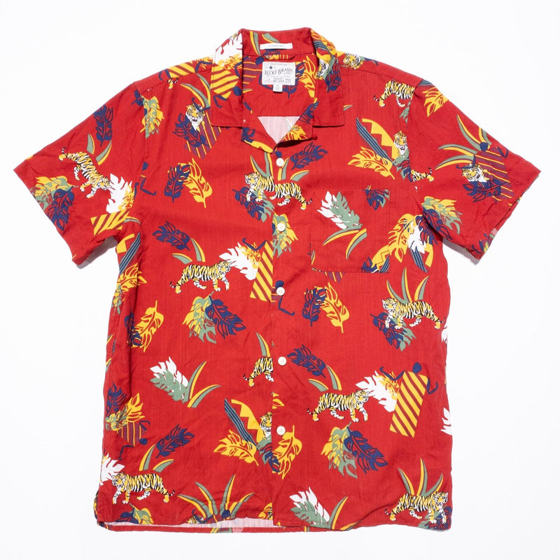 Lucky Brand Tiger Club Shirt Men's Medium Tencel Loop Collar Red Print Cuba