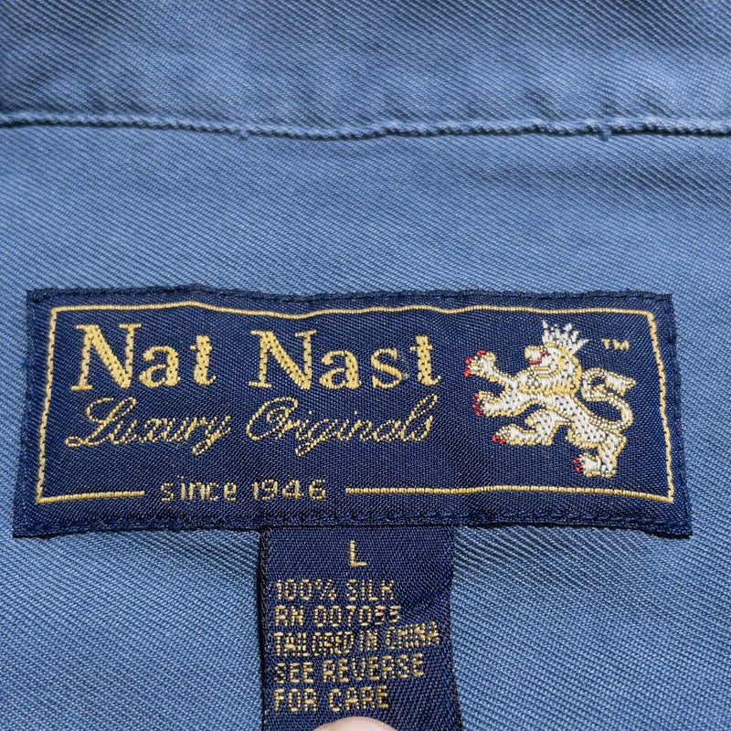 Nat Nast Silk Shirt Men's Large Panel Bowling Blue Beige Short Sleeve Aloha Camp