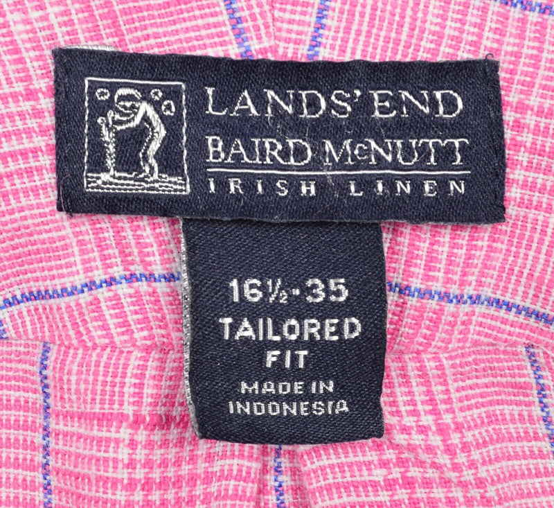 Lands End Baird McNutt Men 16.5-35 Tailored (Large) Pink Plaid Irish Linen Shirt