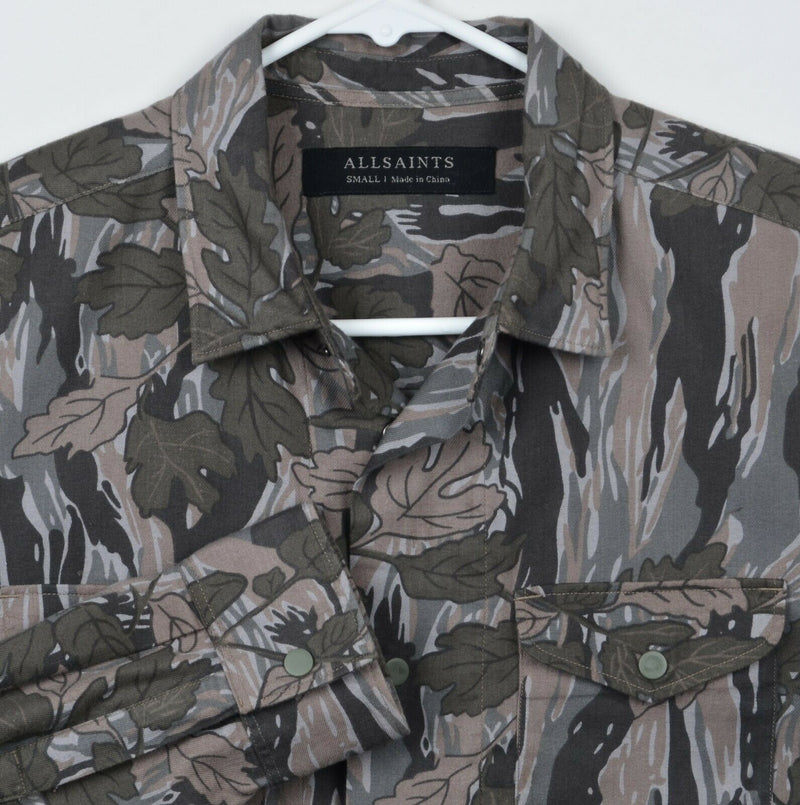 AllSaints Men's Small Camouflage Floral Green Brown Snap-Front Hidden L/S Shirt