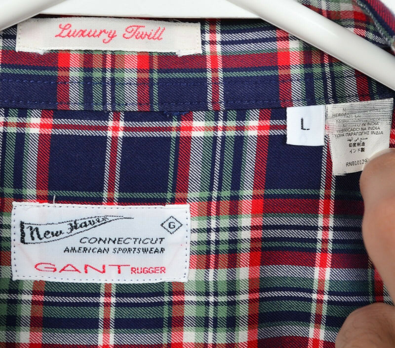 GANT Rugger Men's Large "Luxury Twill" Navy Blue Red Plaid Button-Front Shirt
