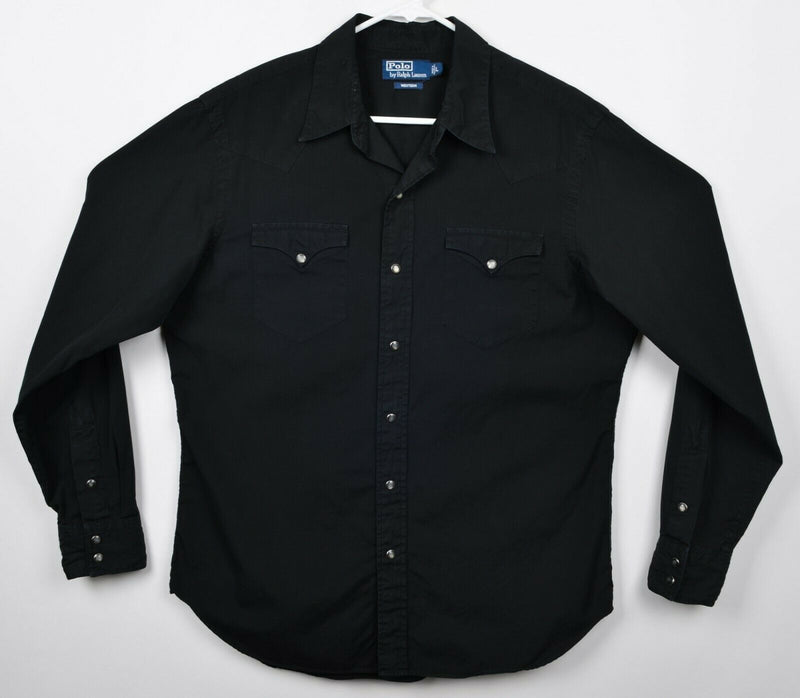 Polo Ralph Lauren Men's Sz Large Pearl Snap Western Rockabilly Solid Black Shirt