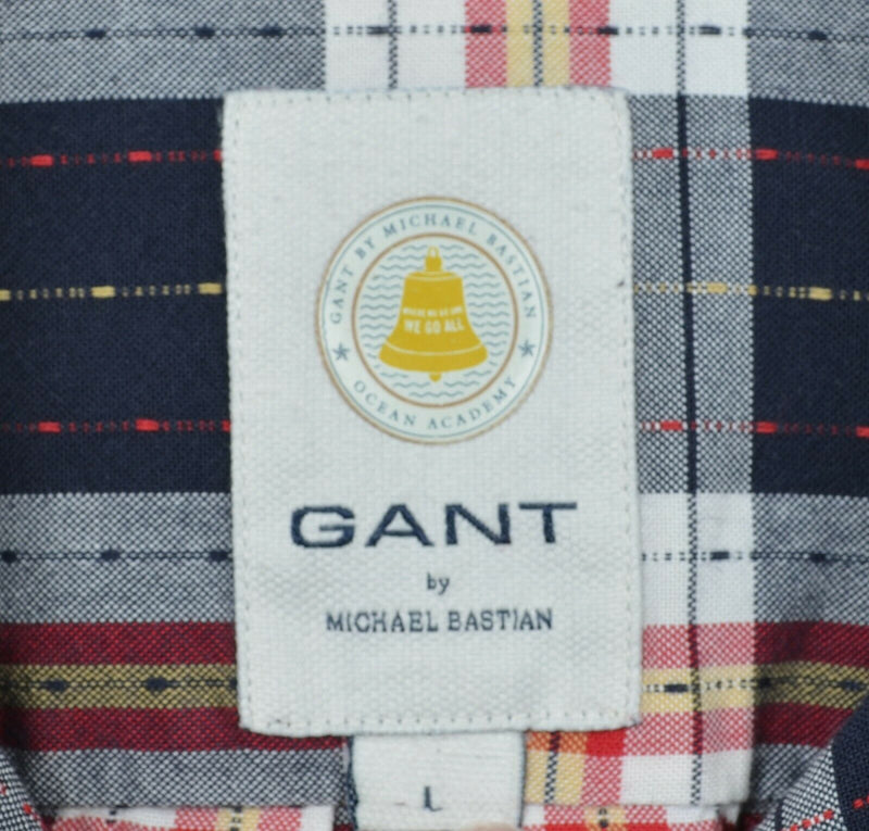 GANT Michael Bastian Men's Large Navy Blue Red Plaid Half Button-Front Shirt