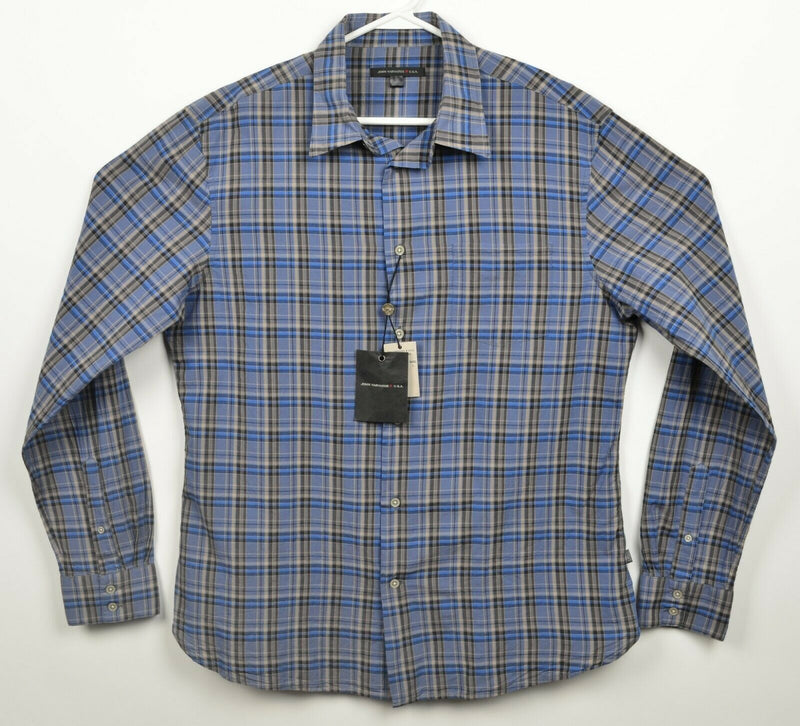 John Varvatos USA Men's Large Cobalt Blue Gray Plaid Button-Front Shirt