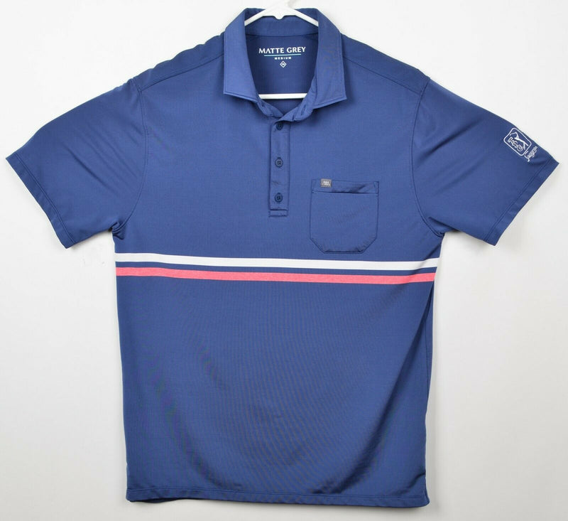 Matte Grey Men's Sz Medium Blue Striped Pocket Golf Polo Shirt TPC Sawgrass