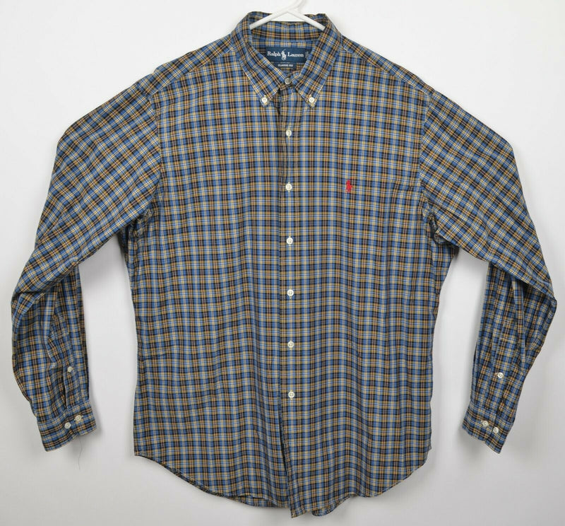 Polo Ralph Lauren Men's Large Classic Fit Blue Yellow Plaid Button-Down Shirt