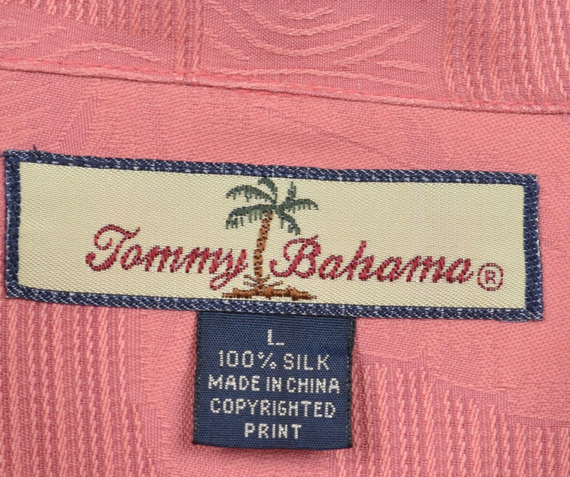 Tommy Bahama Men Large 100% Silk Peach Pink Textured Floral Palm Hawaiian Shirt