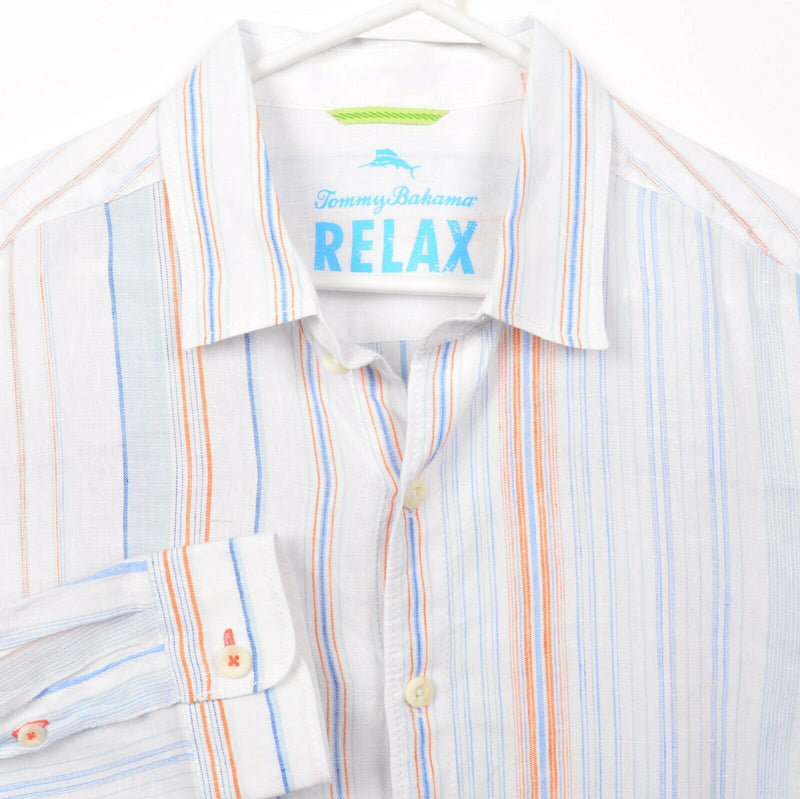 Tommy Bahama Relax Men's Medium 100% Linen White Blue Orange Striped Shirt