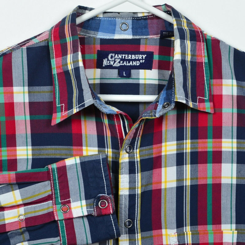 Canterbury New Zealand Men's Large Snap-Front Multi-Color Navy Red Plaid Shirt