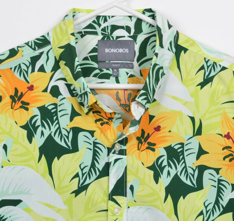 Bonobos Men's XL Slim Fit Floral Green Orange Short Sleeve Button-Down Shirt