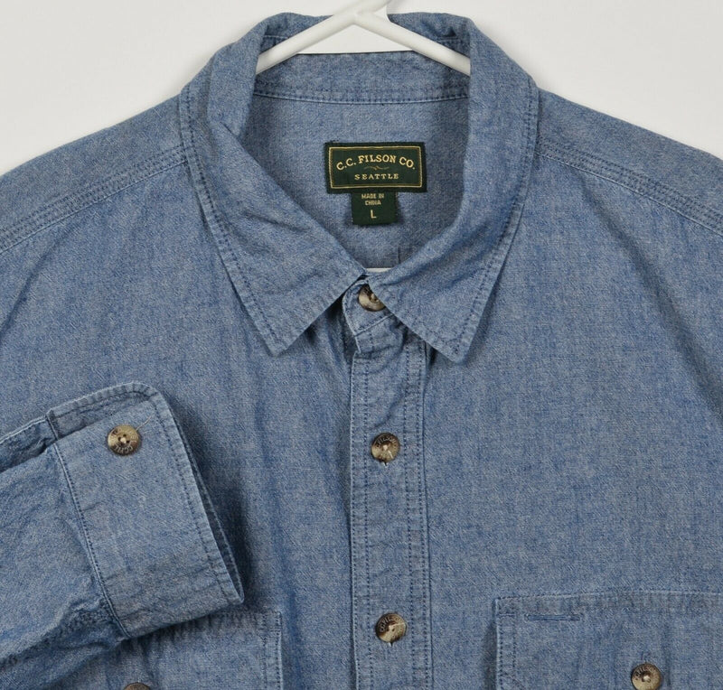 CC Filson Men's Large Blue Chambray Pockets Long Sleeve Button-Front Shirt