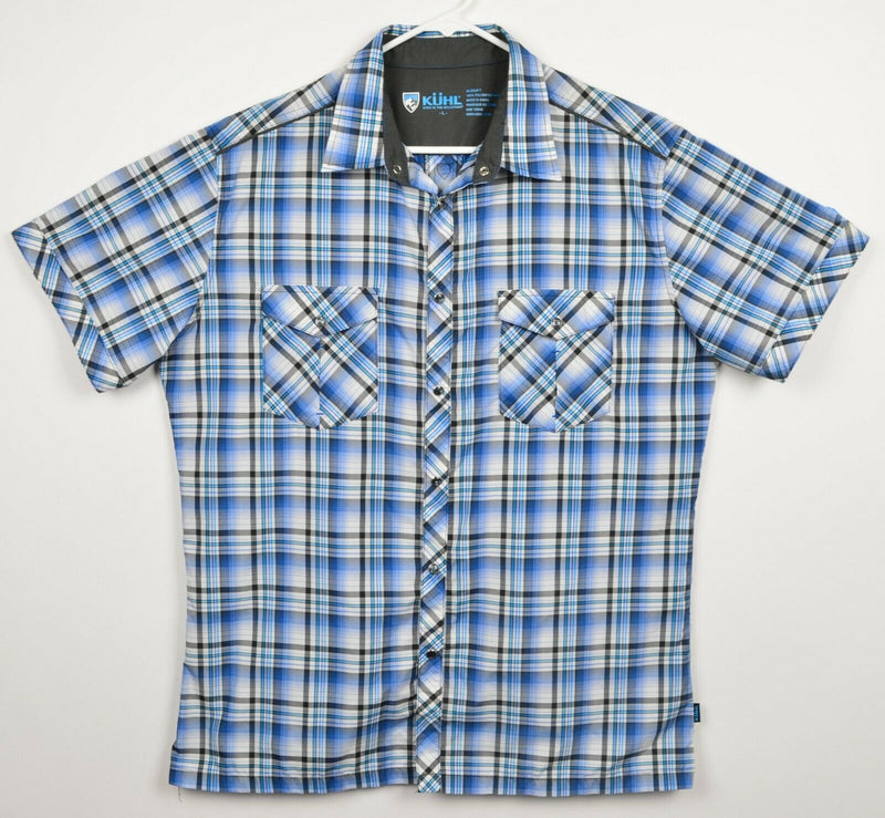 Kuhl Men's Large Eluxur Pearl Snap Blue Plaid Ionik Hiking Outdoors Shirt