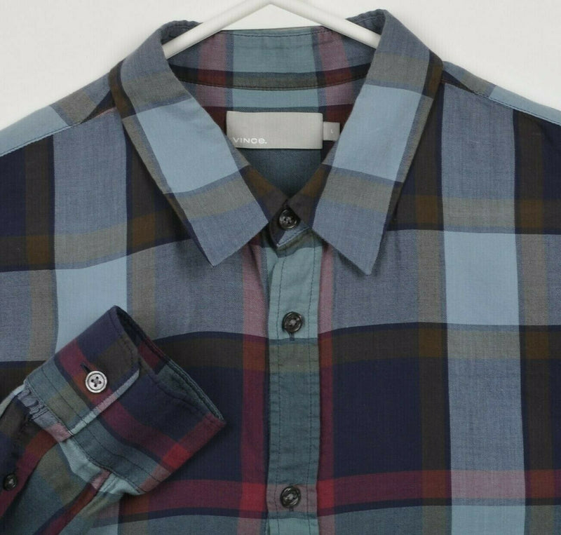 VINCE. Men's Large Cotton Tencel Blend Blue Plaid Button-Front Flannel Shirt