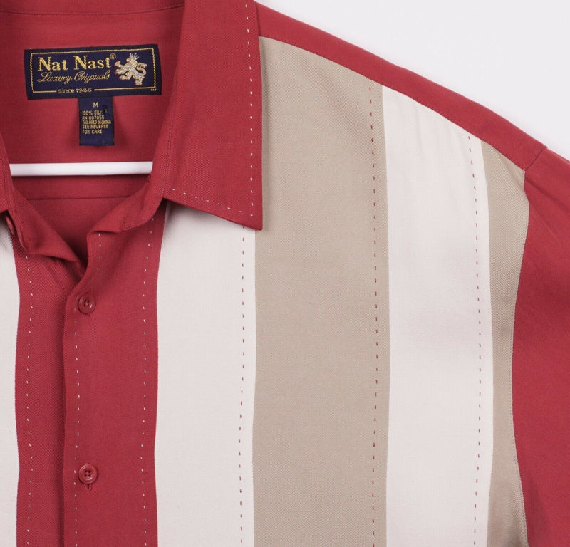 Nat Nast Men's Sz Medium 100% Silk Red Tan Panel Striped Bowling Hawaiian Shirt