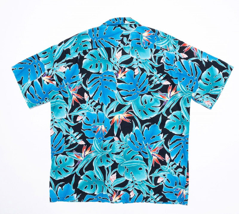 Hilo Hattie Hawaiian Shirt 2XL Men's Floral Palm Blue Aloha Camp Colorful