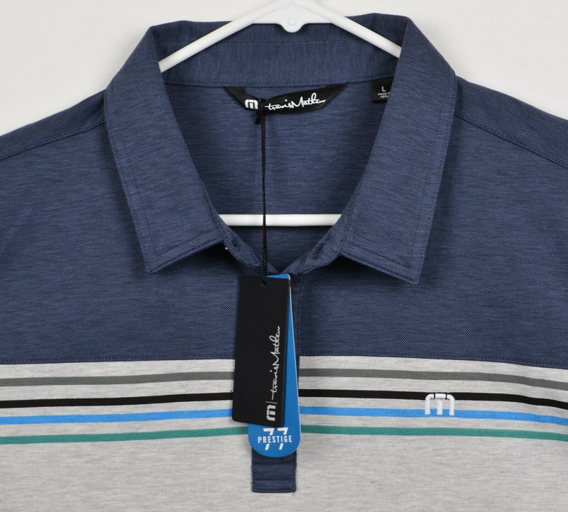 Travis Mathew Men's Sz Large Blue Gray Striped Pima Cotton Poly Golf Polo Shirt