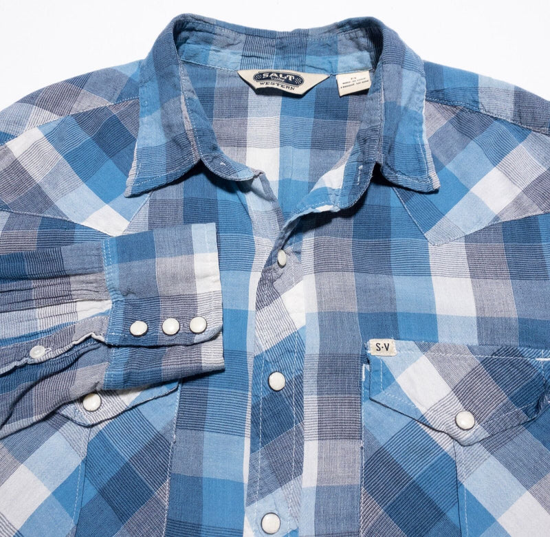 Salt Valley Pearl Snap Shirt Men's Medium Western Rockabilly Blue Gray Check