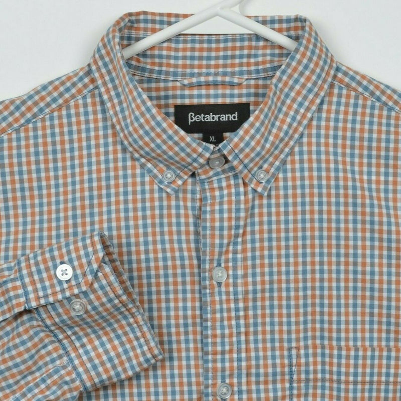 Betabrand Men's XL Orange Blue Check Cotton Poly Blend Wicking Button-Down Shirt