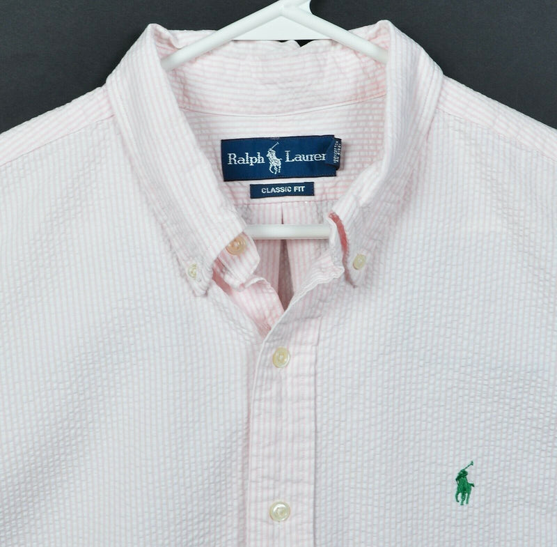 Polo Ralph Lauren Men's XL Classic Fit Seersucker Pink White Striped Pony Shirt