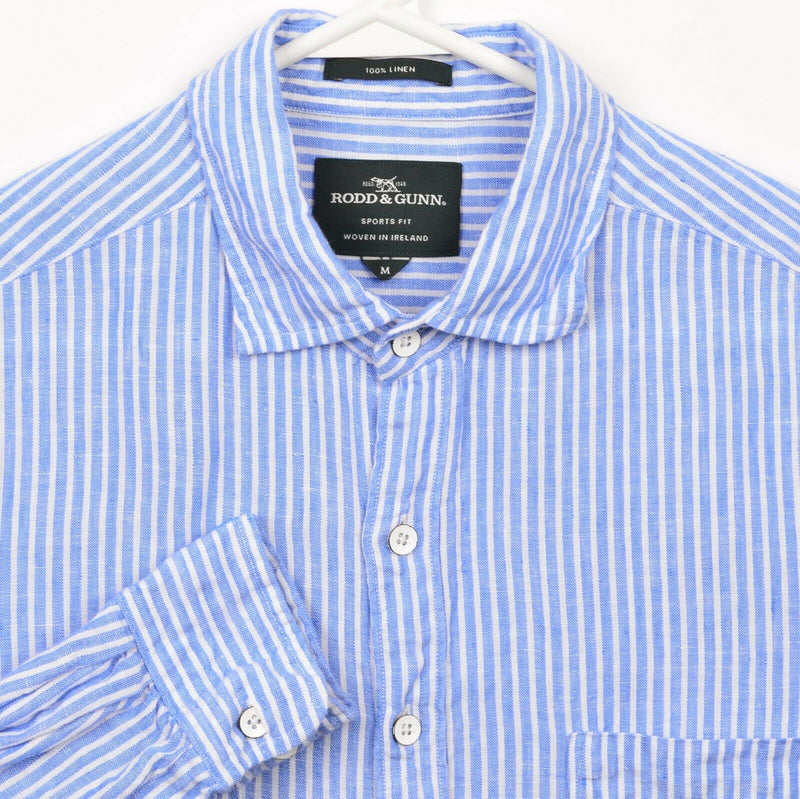 Rodd & Gunn Men's Medium Sports Fit 100% Linen Blue Striped Button-Front Shirt