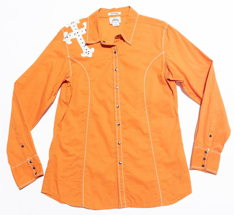 Ariat Snap Shirt Women's Large Cross Embellished Orange Western Rockabilly