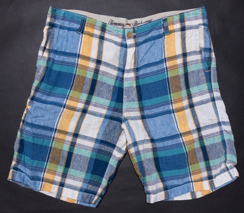 Tommy Bahama Linen Shorts Men's 38 Plaid Blue White Beach Vacation Breathable