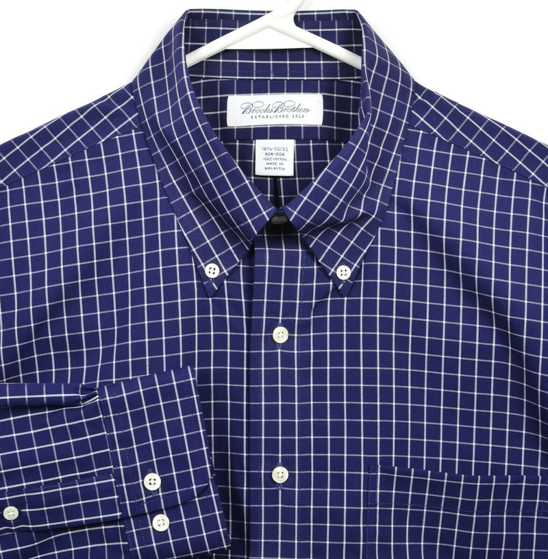 Brooks Brothers Men's 16.5 32/33 Navy Blue Check Non-Iron Button-Down Shirt