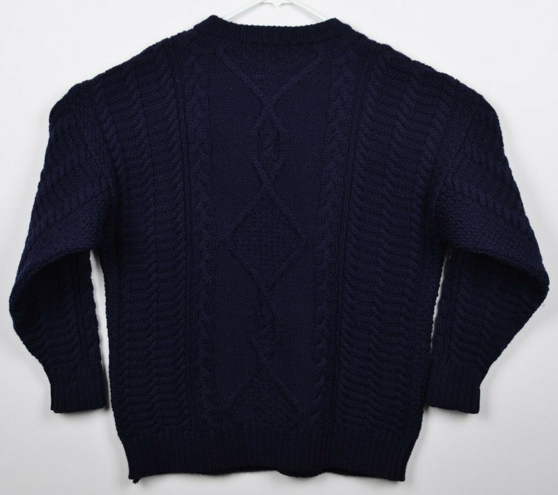 Vintage 80s Burberry Men's Medium Cable-Knit Fisherman Navy Blue Sweater