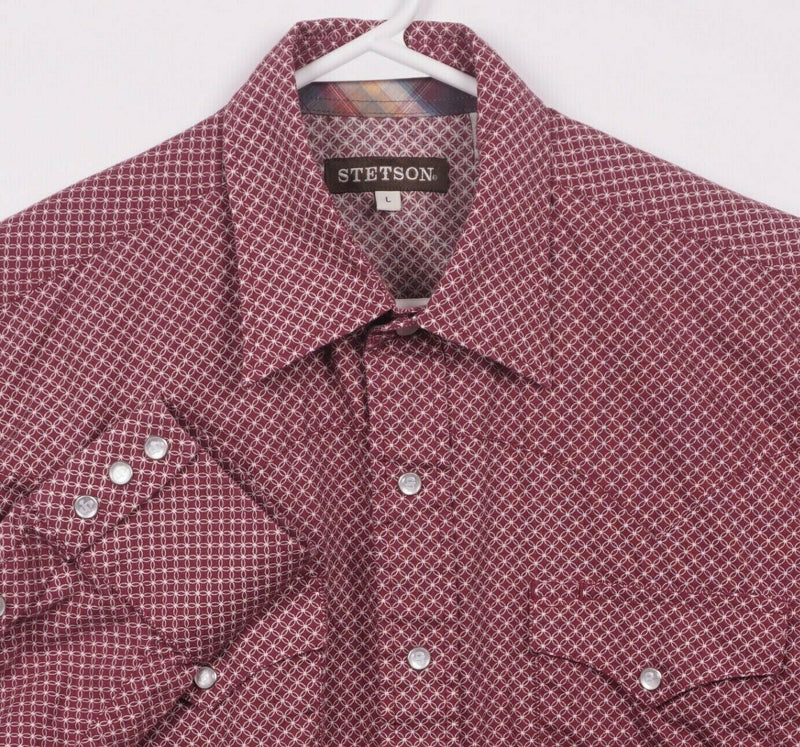 Stetson Men's Large Pearl Snap Red Geometric Circles Western Rockabilly Shirt