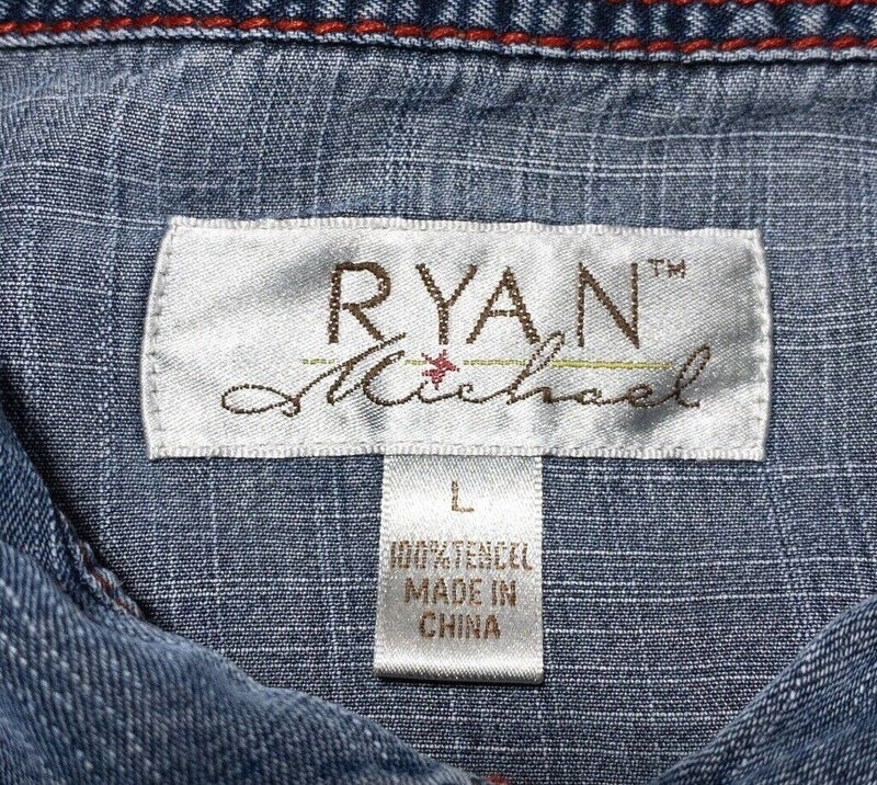 Ryan Michael Western Shirt Large Men's Tencel Pearl Snap Blue Long Sleeve