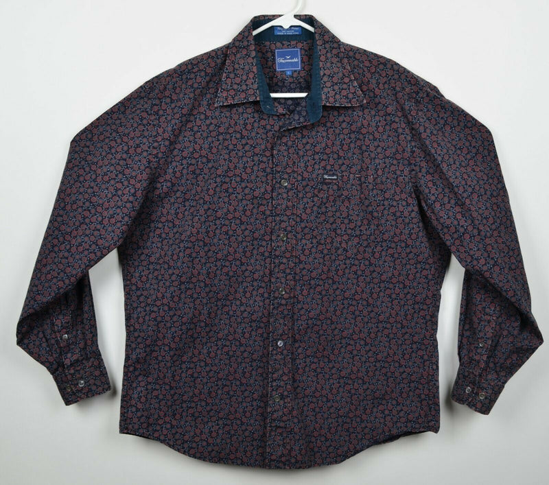 Vtg Faconnable Men's Sz Large Floral Pattern Flip Cuff Navy Button-Front Shirt