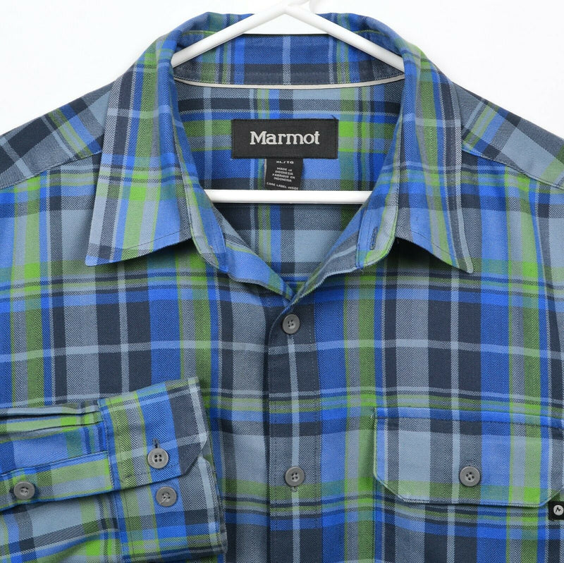 Marmot Men's XL Blue Green Plaid Flannel Polyester Hiking Button-Front Shirt