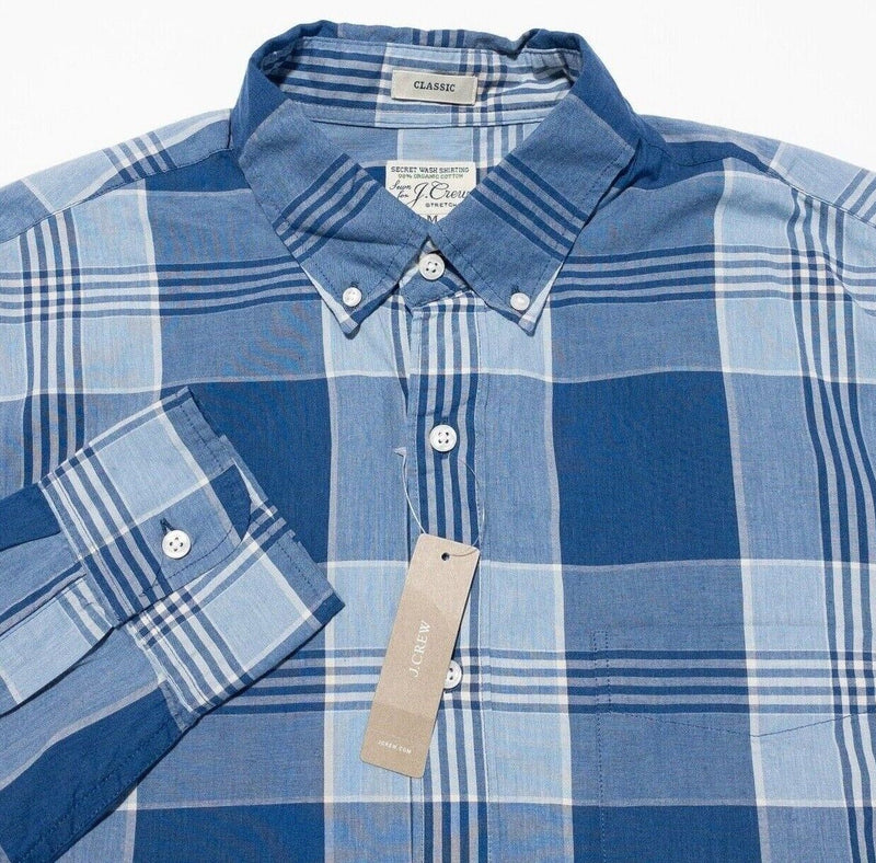 J. Crew Stretch Secret Wash Shirt Medium Classic Fit Mens Blue Plaid Long Sleeve