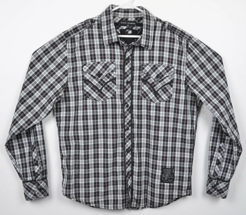 Affliction Black Premium Men's XL Seek & Destroy Skull Black Plaid Button Shirt