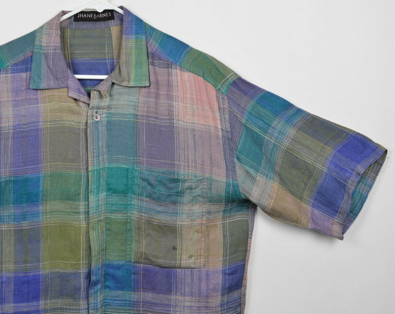 Jhane Barnes Men's Sz Medium 100% Linen Purple Green Plaid Lounge Shirt