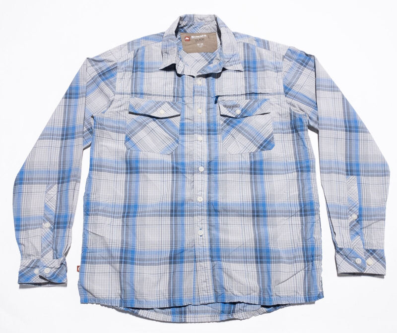 Simms Fishing Shirt Men's Medium Guide Series Button-Up Blue Gray Plaid Wicking