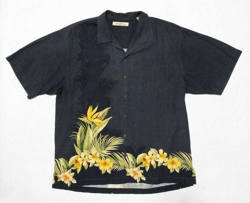 Tommy Bahama Silk Shirt XL Men's Hawaiian Aloha Floral Black Textured Camp