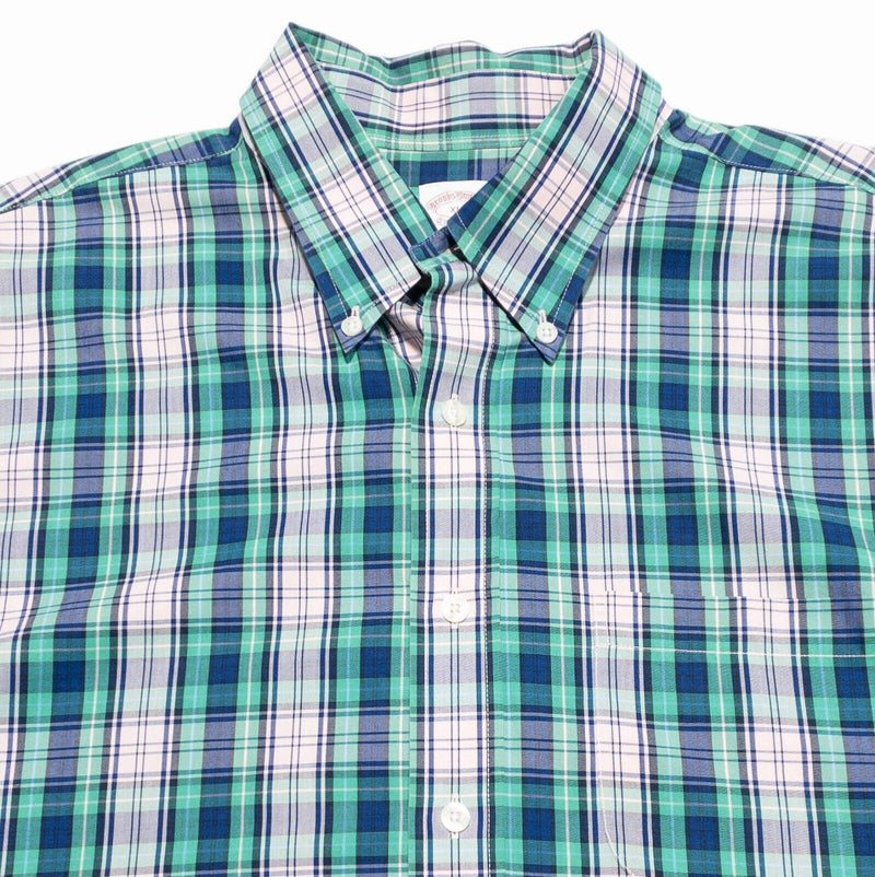 Brooks Brothers Shirt XL Men Plaid Green Blue Short Sleeve Button-Down Non-Iron