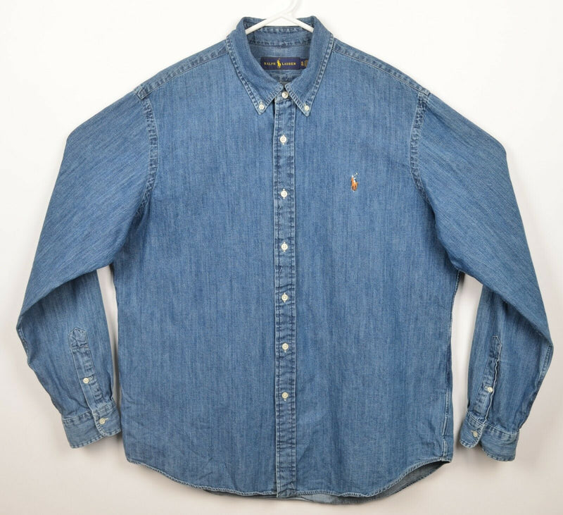 Vintage 90s Polo Ralph Lauren Men's XL Denim Blue Pony Jean Button-Down Shirt