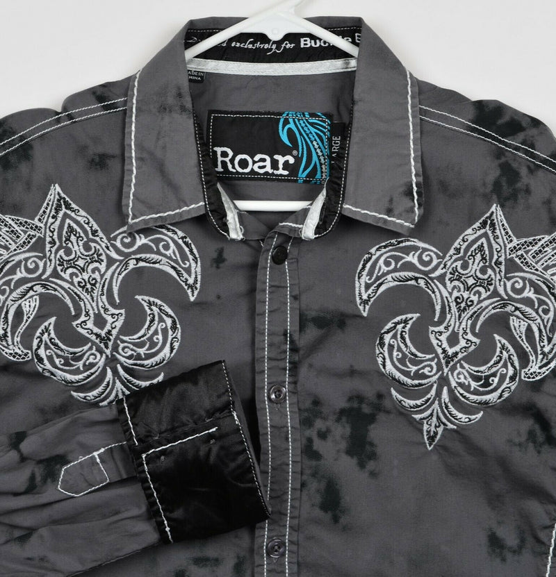 Roar Buckle Men's Sz Large Gray Distressed Embroidered Flip Cuff Preston Shirt