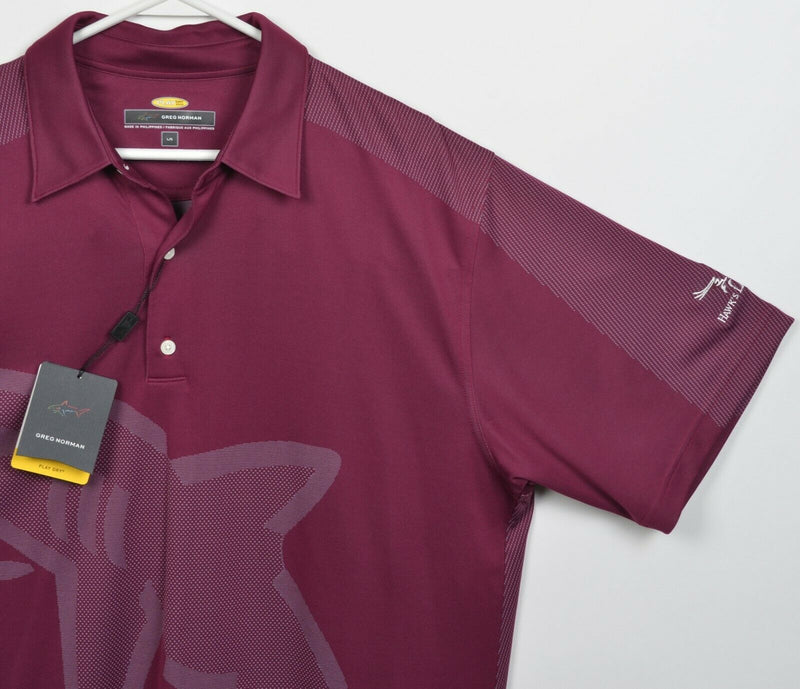 Greg Norman Men's Large Shark Graphic Maroon Red Wicking Golf Polo Shirt