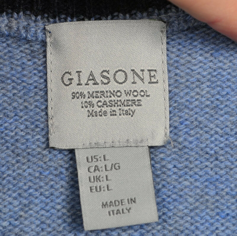 Giasone Men's Large Merino Wool Cashmere Blue Blend Italy Blue V-Neck Sweater