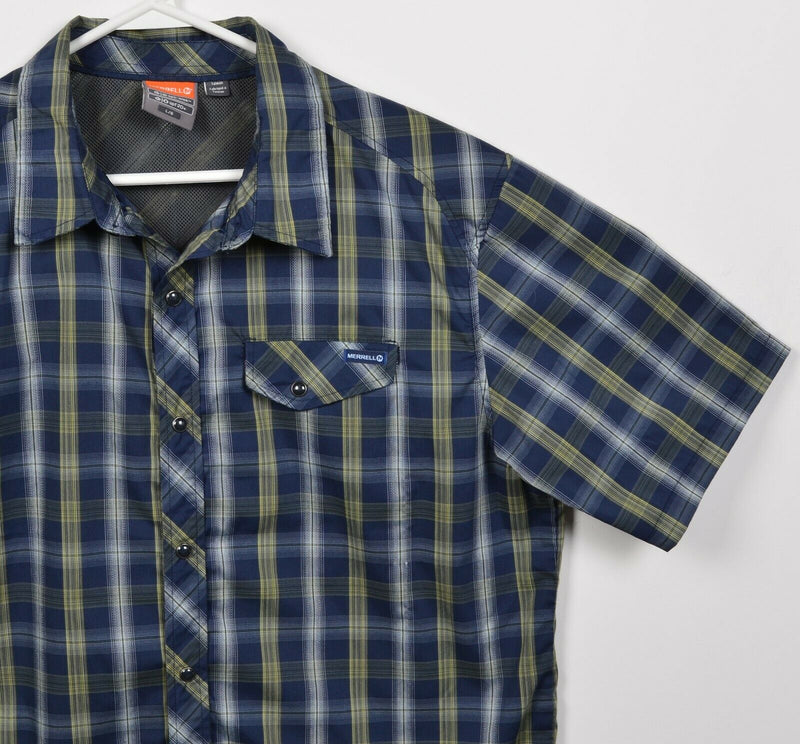 Merrell Pearl Snap Opti-Wick Navy Blue Plaid Hiking Travel Shirt Men's Large